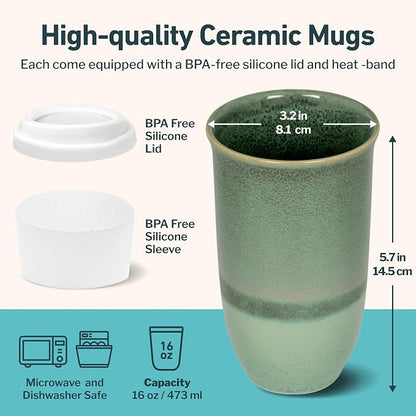 NOVA CERAMICS Coffee Travel Mug – Reusable Coffee – Microwave & Dishwasher Safe Coffee Green Tumbler - Gifts For Women Men Him Her – 16oz – Emerald