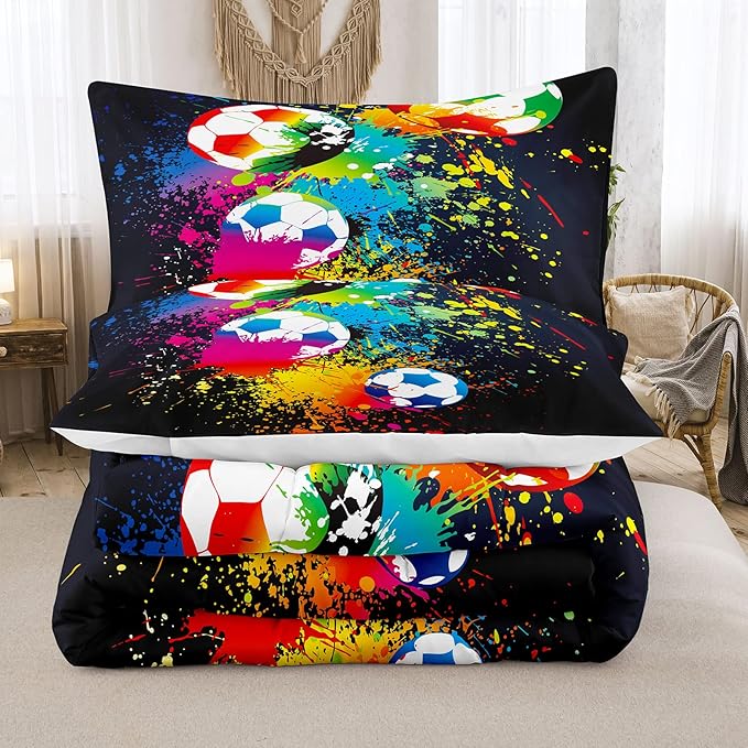 Bodhi Soccer Comforter Set Full,Boys Sports Comforter Set Full,Rainbow Graffiti Football Bedding Set for Boys,Kids,Teens with Matching Pillowcases,Boys Teen Comforter Set Full
