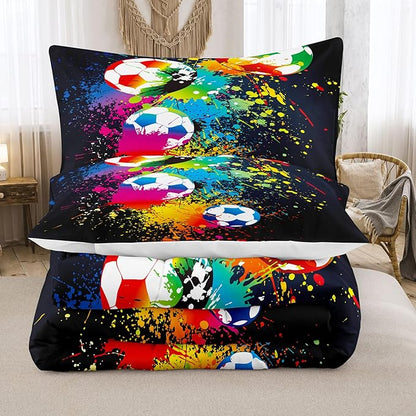Bodhi Boys Teen Comforter Set King,Soccer Comforter Set King,Boys Sports Comforter Set King,Rainbow Graffiti Football Bedding Set for Boys,Kids,Teens with Matching Pillowcases