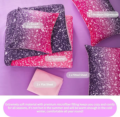 RYNGHIPY 6Pcs Queen Gradient Pink Purple Glitter Comforter Sets for Teens Girls Kids, Colorful Rainbow Glitter Themed Bedding Set
