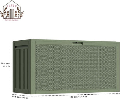 90 Gallon Outdoor Storage Box, Lockable Outside Storage Box Waterproof, Patio Cushions Deck Storage Boxes, Rattan Plastic Garden Hose Containers Resin Pool Storage Bins with lids, Sage Green