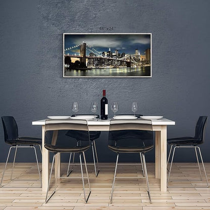 Framed Brooklyn Bridge Wall Art: Large Size New York Cityscape Skylines Night Scene Modern Picture Artwork for Home Office Decoration (48” X 24”)