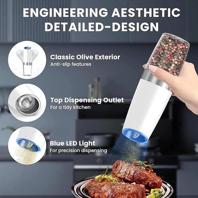 UNNEES Gravity Electric Salt and Pepper Grinder set of 2, Automatic Salt And Pepper Grinder Set, Adjustable Roughness, Battery Powered, LED Light, 2 Pack, (Black&White)
