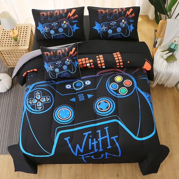 JQinHome Full Gaming Comforter Sets for Boys,6 Piece Bed in A Bag 3D Video Game Bedding -All Season Soft Microfiber Gamer Bedding Sets for Kids,Pillowcase, Flat Sheet, Fitted Sheet,Cushion Cover