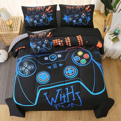 JQinHome Twin Gaming Comforter Sets for Boys,6 Piece Bed in A Bag 3D Video Game Bedding -All Season Soft Microfiber Gamer Bedding Sets for Kids, Pillowcase, Flat Sheet, Fitted Sheet,Cushion Cover