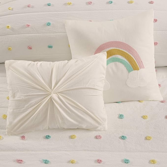 Quilt Set Cotton Jacquard Weave Colorful Poms Accent All Season Shabby Chic Bedding Coverlet Bedspred, Girls Bedroom Décor, Full Queen, Multi 5 Piece