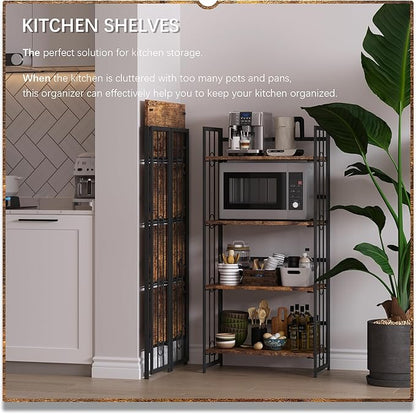 4NM No-Assembly 4 Tiers Folding Bookshelf Storage Shelves Vintage Bookcase Standing Racks Study Organizer Home Office - Rustic Brown and Black