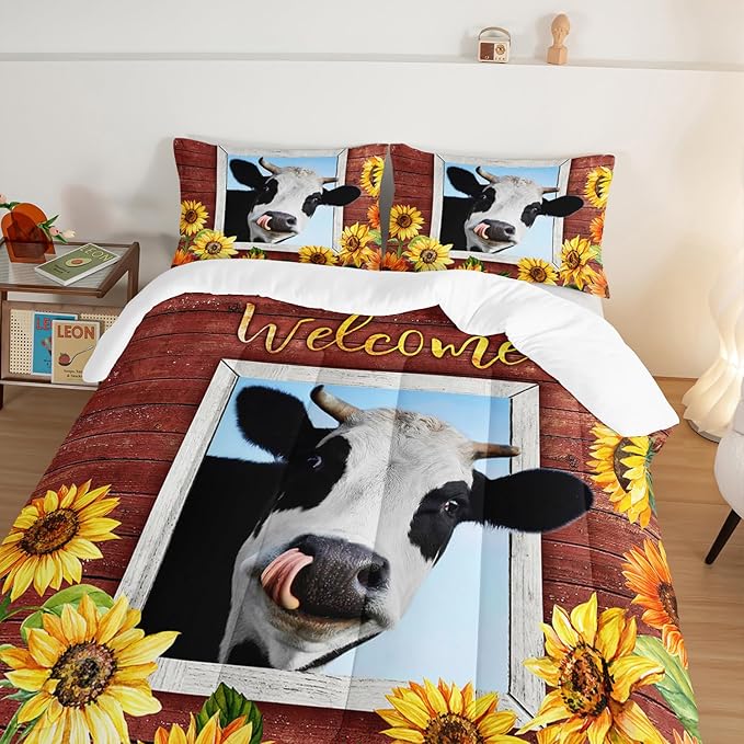 HOSIMA Farmhouse Animal Cow Comforter with 2 Pillowcases,Wooden Decor Terracotta Comforter Twin Bed in a Bag Sets for Adults Teens,Cow Print Bedding Room Decor,Sunflower Comforter Set.
