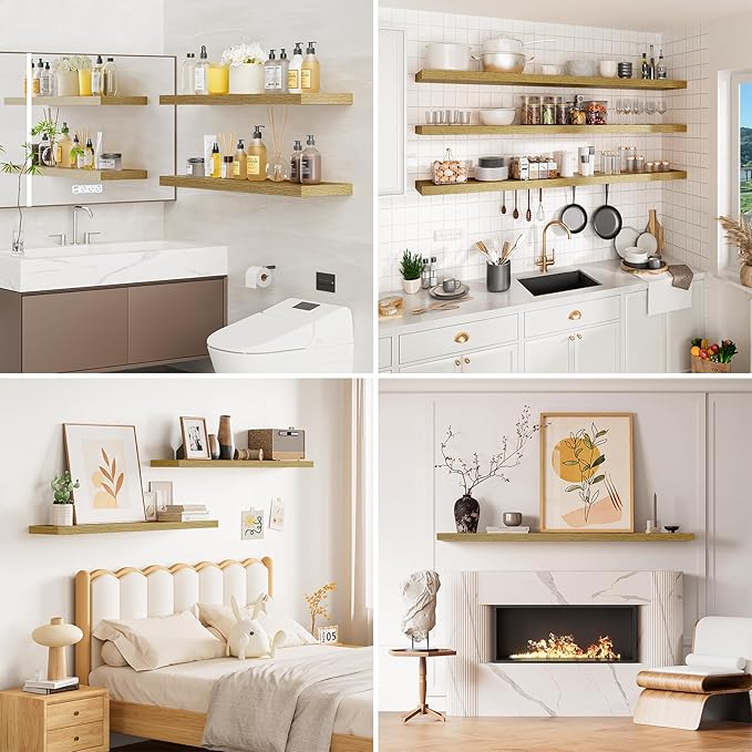 Heimlove 32 Inch Floating Shelves for Wall,Oak 9.3" Deep Floating Shelf Set of 2,Wall Mounted Shelves for Bathroom Bedroom Living Room Kitchen Office,Shelf for Books Storage Room,Home Decor