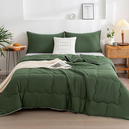 COTTEBED 2 Pieces Ultra-Soft Olive Green Twin XL Bedding Comforter Set, Twin Size Jersey Knit T-Shirt Feel Cozy Cute Lightweight Quilt Blanket for Kid Teens School College Dorm All Season Use 68"x92"