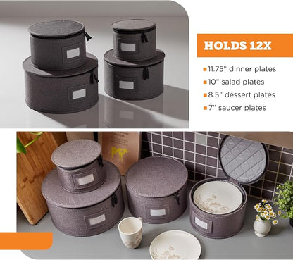 storageLAB 4-Piece Quilted China Plate Storage Set | Felt Dividers | Gray | 4-piece quilted plate set - dinner, salad, dessert & saucer cases, 12 plates each. Felt dividers, dual zippers.