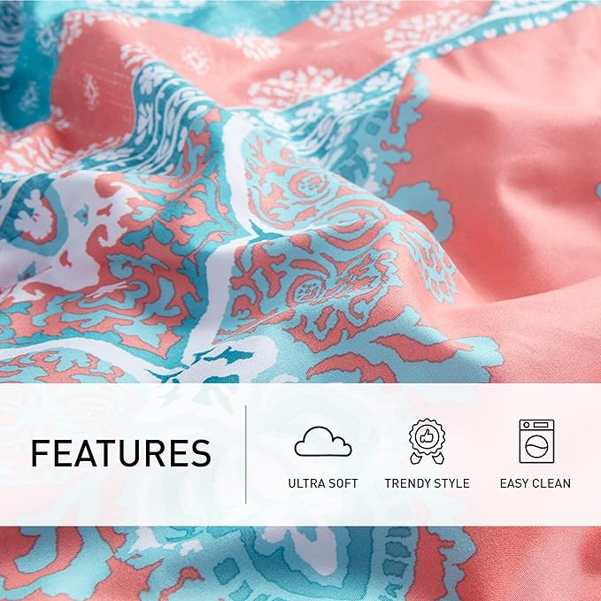 Degrees of Comfort Twin Bed in A Bag 6 Piece, Boho Mandala Bedding Sets for Girls, Coral Tween Bed Set, Microfiber Comforter Set with Sheet, Matching Decorative Pillow