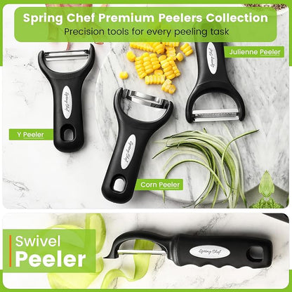 Spring Chef Swivel Vegetable Peeler with Soft Grip Handle, Set of 2, Black | Premium Potato Peeler w/ Ultra Sharp Stainless Steel Blades, Multifunctional Veggie Peeler for Apple, Carrot, Cucumber, Fruit