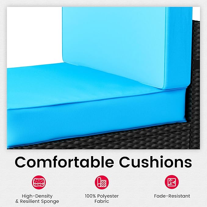 Pamapic 7-Piece Outdoor Furniture,All-Weather Wicker Modular Sectional Sofa with Patio Crystal Coffee Table, Adjustable Reclining Sectional Couch with Washable Removable Cushion Covers, Light Blue