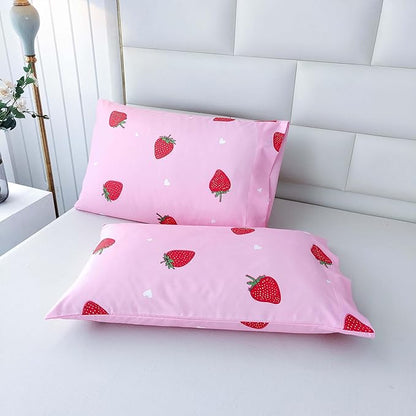 SDY 3PCS Twin Size Strawberry Comforter Set, Pink Bed Set Bed in a Bag, Princess Twin Bedding Set, Kawaii Room Decor, Strawberry Bedding Kids Twin Size Comforter Set for Girls, Teen…
