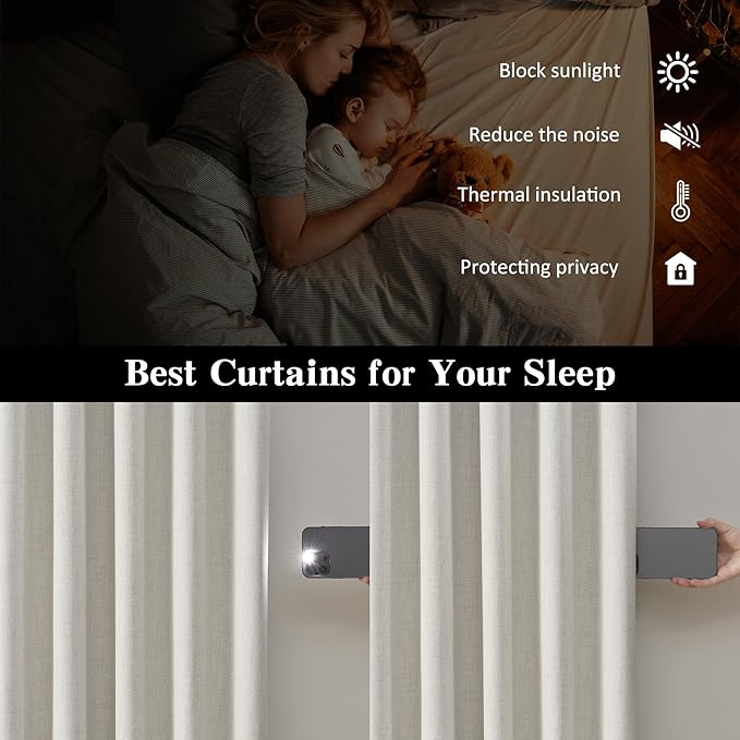 RAIN CITY Natural Birch Blackout Curtains 100 Inch Long 2 Panels Set, Back Tab Track Curtain for Living Room Floor to Ceiling Length Light Blocking Pleated Window Drapes 50x100