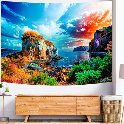 Delur Coastal Ocean Beach Tapestry Tropical Forest Tree Sunrise Sea Landscape Tapestry Wall Hanging Wave Sunset Nature Colorful Spiritual Headboard for Bedroom Living Room Home Decor (59.1" x 78.7")