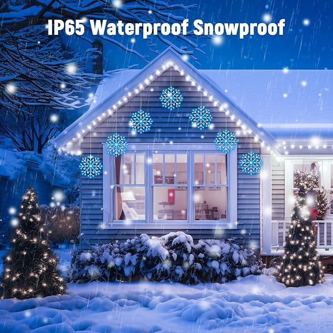 Christmas Snowflake Icicle Lights Outdoor - Plug-in 10.5ft 5 Drops 240LED Snowflake Window Lights with 8 Modes, Hanging Lights for Indoor Outdoor Porch Eaves Rooftops Christmas Decor, Blue and White