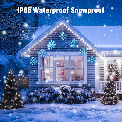 Christmas Snowflake Icicle Lights Outdoor - Plug-in 10.5ft 5 Drops 240LED Snowflake Window Lights with 8 Modes, Hanging Lights for Indoor Outdoor Porch Eaves Rooftops Christmas Decor, Blue and White