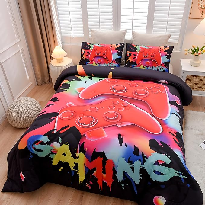 Aimuan Gaming Comforter Sets for Boys Kids Bedding Sets Video Games Console Action Buttons Novelty Colorful Game Gamepad Controller Modern Gamer Room Decor Home Quilt Set (Twin, Black)