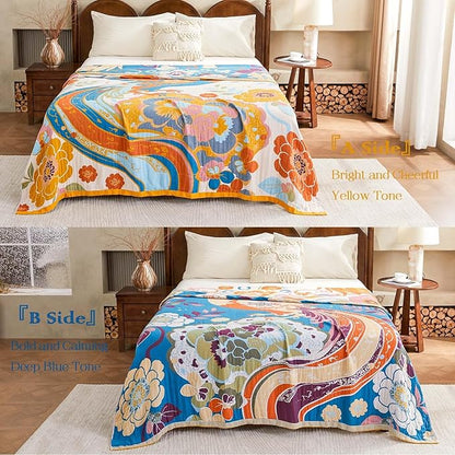 Boho Throw Blanket, Lightweight Blankets for Summer, 100% Cotton Bohemian Decorative Throw Blanket, 90"x98" Reversible Muslin Breathable Woven Farmhouse Blankets Quilt,