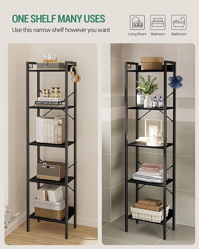 Bookshelf, Book Shelf, Industrial Bookcase with 2 Hooks, Coner Shelf Storage Organizer for Home Office, Living Room, Bedroom, Kitchen, 5-Tier Black BC10504B