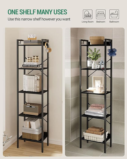 Bookshelf, Book Shelf, Industrial Bookcase with 2 Hooks, Coner Shelf Storage Organizer for Home Office, Living Room, Bedroom, Kitchen, 5-Tier Black BC10504B