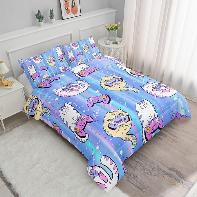 Datura home Cat Comforter Set Blue Kawaii Cat Printed Quilt Bedding Set with 1 Comforter and 2 Pillowcases for Boys and Girls Bedroom All Season(Blue Cat Queen)