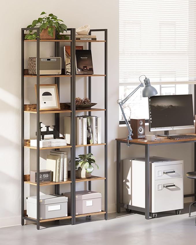 6-Tier Bookshelf, Narrow Bookcase with Open Shelves, Talll Book Shelf Coner Shelf for Living Room, Bedroom, Home Office, Study, Bathroom,11.5 x 15.7 x 72.6 Inches, Rustic Brown and Black