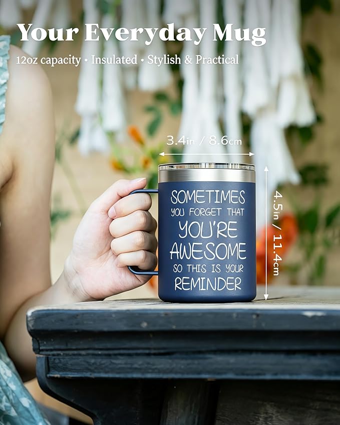 Inspirational Coffee Mug for Men, 12oz Insulated Stainless Steel Mug with Handle & 2 Lids – Sometimes You Forget You’re Awesome, Birthday & Appreciation Gift for Dad, Husband, Him, Navy Blue