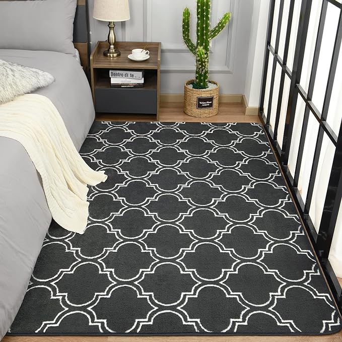 Chicrug Shag Geometric Modern Area Rug for Bedroom, 4x6 Feet Memory Foam Indoor Carpet, Fluffy Rug for Living room Bedside Room Decor for Family Girls Kids Nursery Play Mat, Dark Grey/White