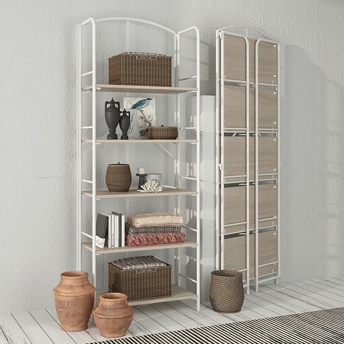No Assembly Folding Bookshelf, Metal Book Shelf for Storage, Folding Bookcase for Office Organization and Storage (White, 5 Tiers)