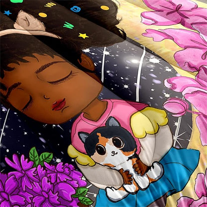 Black Girls Twin Comforter Set for Girls Teens Adults Twin Size Comforter Sets African Girl Comforter Set Cute Afro Princess Bedding Set Girls Bedroom Set, 1 Comforter + 1 Pillowcase