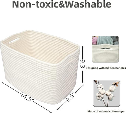 Cotton Rope storage Basket Bins Woven Basket for Organizing Shelves Rectangle Decorative Baskets For storage Clothes Toys Books Towels Square Wicker Nursery basket organizer 3 pack white
