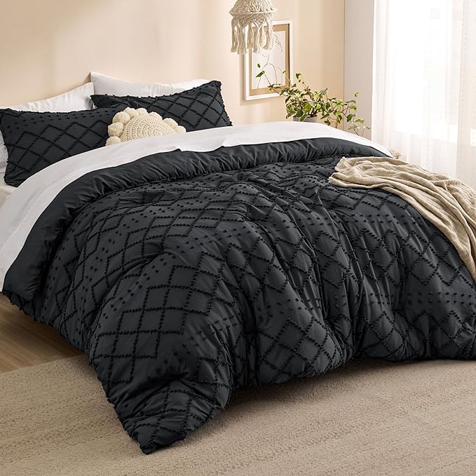 Bedsure Full Size Comforter Set - Black Comforter, Boho Tufted Shabby Chic Bedding Comforter Set, 3 Pieces Vintage Farmhouse Bed Set for All Seasons, Fluffy Soft Bedding Set with 2 Pillow Shams