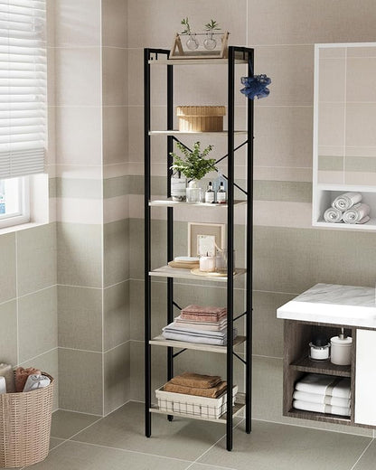 Bookshelf, Book Shelf, Industrial Bookcase with 2 Hooks, Coner Shelf Storage Organizer for Home Office, Living Room, Bedroom, Kitchen, 6-Tier Greige BC10705B