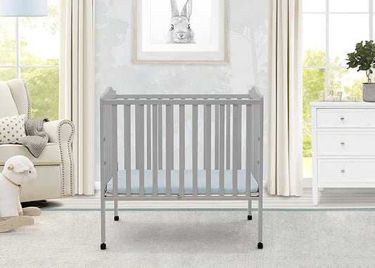 Delta Children Folding Portable Mini Baby Crib with 1.5-inch Mattress - Greenguard Gold Certified, Grey