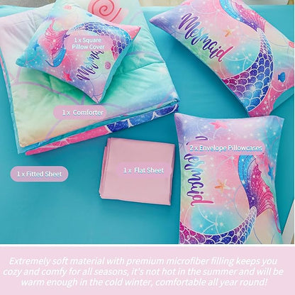 RYNGHIPY Mermaid Queen Girls Bedding Set, Colorful Rainbow Kids Girls Comforter Set with Sheets Soft and Lightweight, 6 Pieces Teen Girls Bed in a Bag
