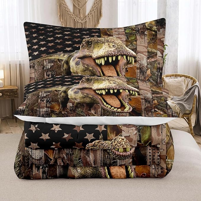 Tailor Shop Dinosaur Boys Comforter Sets Queen Size,Dinosaur Bedding Sets for Kids Teens,Camo Comforter Sets American Flag Comforter Sets with 1 Comforter 2 Pillowcase…