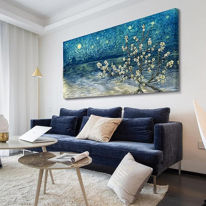 amatop Extra Large Wall Art Floral Tree Canvas Print for Living Room Bedroom Office– Oversized Plum Blossom Lake Landscape Picture Modern Blue Teal Nature Artwork Decor 58x29 Inch