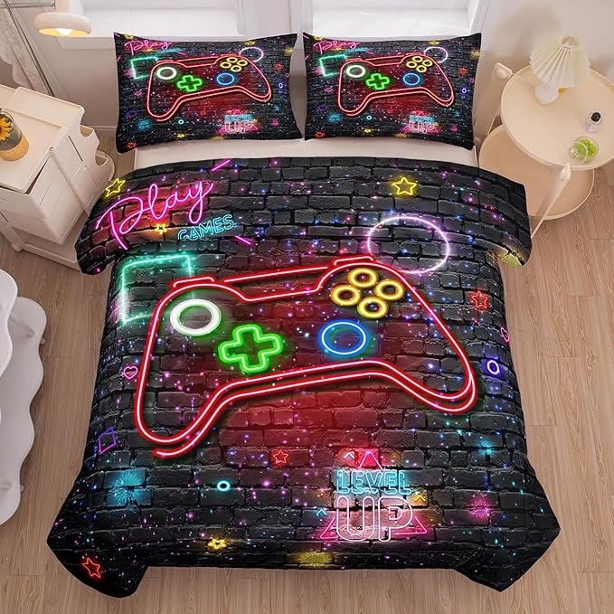 NINENINE Gamer Bedding Sets Twin Comforter Sets for Boys 5PCS Gaming Bedding Sets for Boys Black Bedding Comforter Sheet Set(1Comforter, 1Flat Sheet, 1Fitted Sheet, 2Pillowcases)…