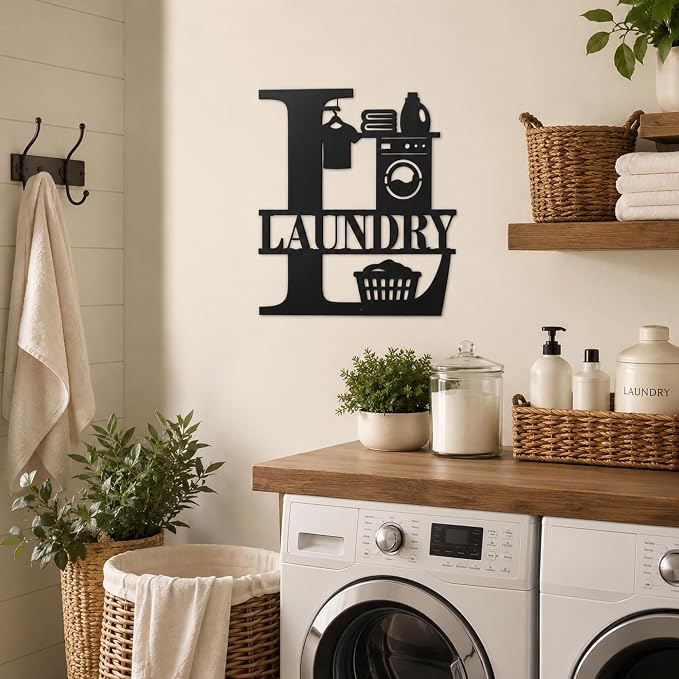 Laundry Room Metal Wall Decor, Farmhouse Laundry Sign, 14 Inch | 14-inch matte black metal laundry room sign with pre-drilled holes for farmhouse, modern, or rustic wall decor.