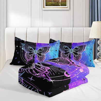 Datura home Black Blue Butterfly Comforter Set for Girls Women,Boho Butterfly Sun and Moon Mandala Printed Bedding Set with 2 Pillowcases(Black Blue Queen)
