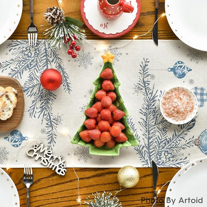 Artoid Mode Blue Pine Trees Merry Christmas Table Runner, Winter Xmas Holiday Kitchen Dining Table Decoration for Home Party Decor 13x48 Inch