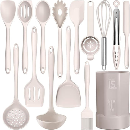 AOTHOD Silicone Cooking Utensils Set - 446°F Heat Resistant Kitchen Utensils,Turner Tongs,Spatula,Spoon,Brush,Whisk,Kitchen Utensil Gadgets Tools Set for Nonstick Cookware,Dishwasher Safe (BPA Free)