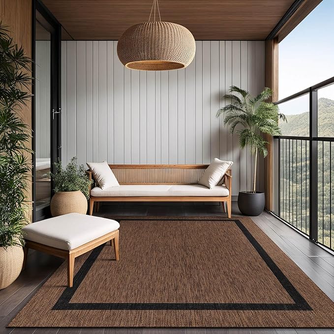 Bordered Outdoor Rug 8x10 Washable Outside Carpet for Indoor Patio Porch Waterproof Easy Cleaning Non Shedding Area Rugs Nut Brown - Black 8 x 10