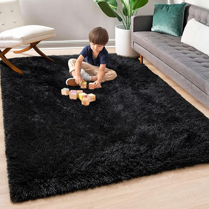 Super Soft Fluffy Shaggy Rugs 4x5.9 Feet for Living Room Bedroom, Fuzzy Plush Area Rugs for Girls Kids Room Nursery Home Decor, Furry Dorm Cute Non-Slip Indoor Floor Carpet, Black
