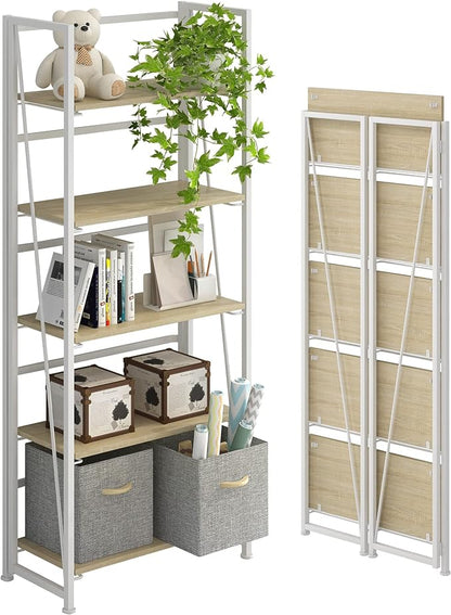 4NM No-Assembly Folding Bookshelf Storage Shelves 5 Tiers Vintage Bookcase Standing Racks Study Organizer Home Office (Natural and White)