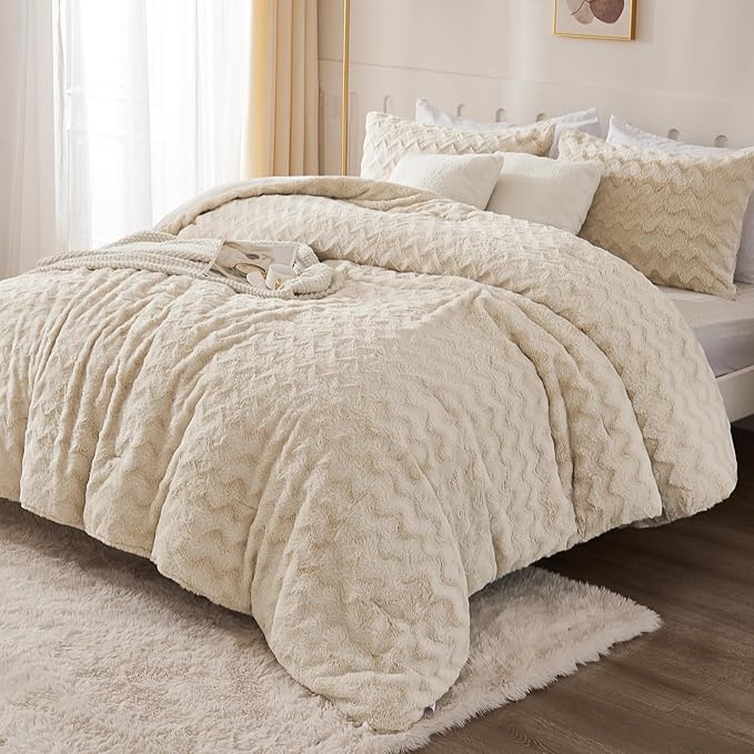 Andency Fleece Beige Comforter Set King, 3 Pieces Fuzzy Plush Faux Fur Bedding Comforter, Fluffy Shaggy Warm Sherpa Bed Set for Winter (104x90Inch Comforter)