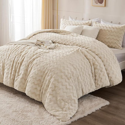 Andency Fleece Beige Comforter Set King, 3 Pieces Fuzzy Plush Faux Fur Bedding Comforter, Fluffy Shaggy Warm Sherpa Bed Set for Winter (104x90Inch Comforter)